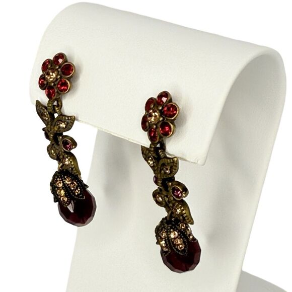 Hobe Red Flower Dangle Drop Earrings 2" Crystal Jewels Of Legendary Splendor - Picture 9 of 13